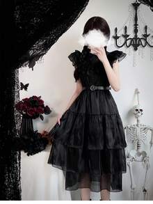 星期三亚当斯吸血鬼新娘哥特式角色扮演服装，万圣节深色迷你连衣裙