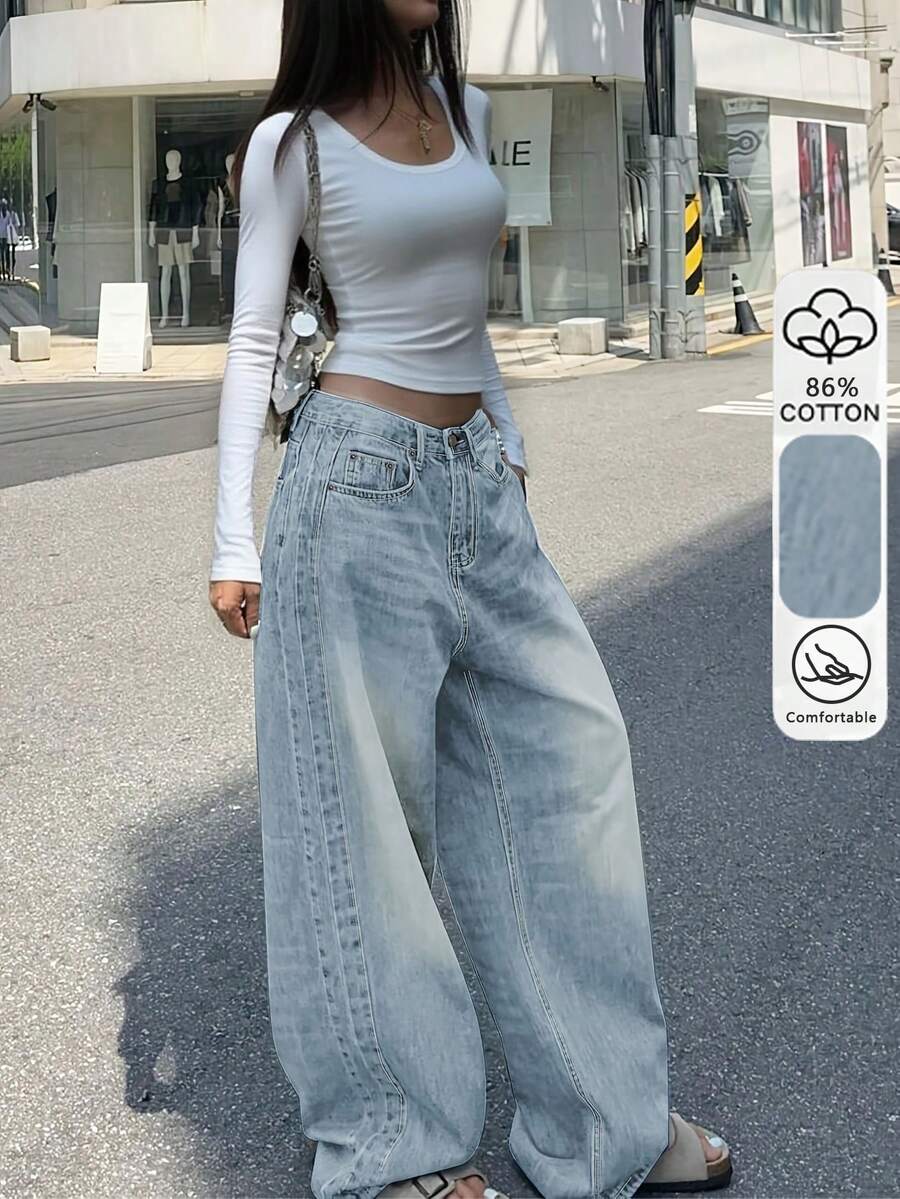 Washed Straight Leg Light Blue Denim Casual American Style Women's Loose Wide Leg Mop Pants Jeans, Fashion For Spring/Summer