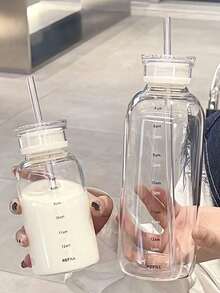 1pc Glass Water Bottle With 2 Lids, Removable Tea Strainer, Leak-Proof Seal Cap, Reusable, Easy To Clean, Portable Travel Coffee Cup, Suitable For Office Use/Travel, Birthday Gift/Mid-Autumn Festival Gift/Spring & Autumn Beverage Holder