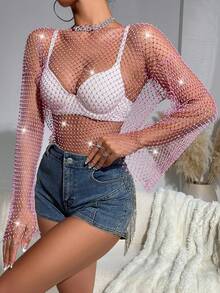女式水钻装饰透视立领落肩性感派对上衣，夏季 - 粉色 - 查看 4