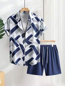 Conjunto de dos piezas para hombre con estampado geométrico de verano Camisa pantalón corto de estilo hawaiano para hombre Ligero y transpirable - Azul - Ver 2