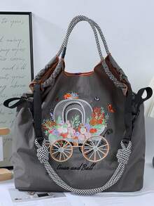 1pc New Casual Embroidered Floral Car Pattern Lightweight Nylon Large Capacity Tote Bag, Suitable For Commuting, Party, Shoulder & Crossbody Bag With Strap