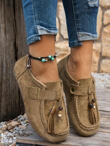 2厘米厚底绒面革女式乐福鞋，复古学院风，百搭，平底，秋季，流苏装饰，卡其色和棕色可选，圆头可爱 - 卡其色 - 查看 2