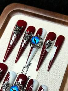 Handmade Wearable Press-On Fake Nails, Blue Demon Eye, Spider Web, Bat, Demon Horn, Skull Claw Design, Fashionable High-End Halloween New Style, Reusable For Girls, Autumn/Winter Fashion Item - Multicolor - View 5