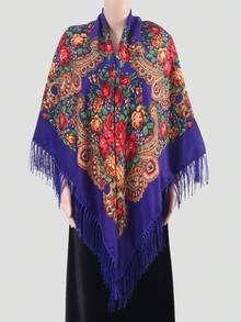 1pc Women's Autumn/Winter Bohemian Style Printed Square Scarf, Large Size Tassel Shawl Wrap Handkerchief, Multi-Scenario Use - Multicolor - View 17