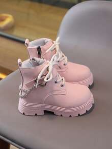 新款圆头儿童靴，休闲复古平底女童踝靴，防滑耐磨大童鞋，女童学生朋克靴 - 粉色 - 查看 6