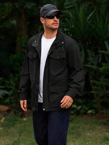 Mens Military Jacket Full Zip And Button  Field Jacket Multi Pocket Cargo Outdoor Coathalloween - 黑色 - 查看 10