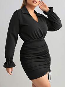 Vestido negro de manga larga talla grande para mujer, vestido casual con cordón en la cintura de unicolor, adecuado para ir al trabajo, citas, vacaciones