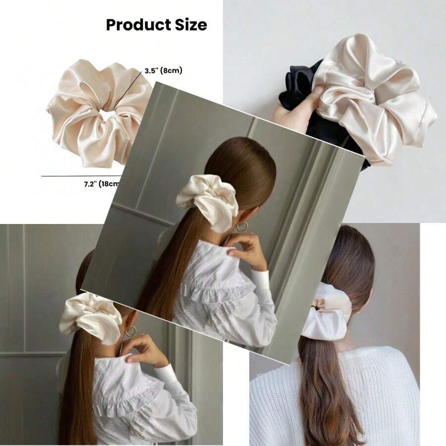 2 Pieces Jumbo Satin Silk Scrunchies For Women 7.5 Inches Large Oversize Scrunchies For Thick Hair Ties Hair Ornament Black And Beige - 黑色和米色 - 查看 1