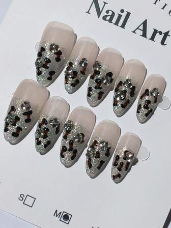 1 paket/10 st - Handgjorda Y2K Glamour Leopardmönster Cat Eye Nit Mandelnageltippar Press On Naglar Nageltillbehör Naglar