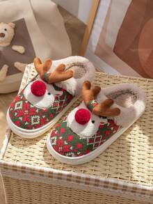 Pantuflas unisex lindas de reno navideño con suela gruesa y cálida, pantuflas de felpa para interiores/exteriores con estampados aleatorios, para otoño/invierno