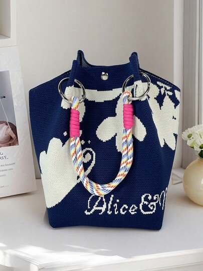 1PC Fashion Niche Design Flower Knitted Handbag For Daily Shopping Leisure Women's Large Capacity Tote Bag