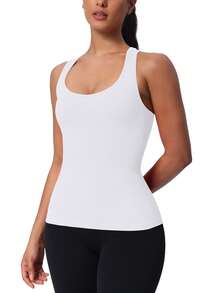 MathCat Seamless Workout Tank Top For Women With Built In Bra, Padded Racerback Athletic Yoga Camisole - White - View 3