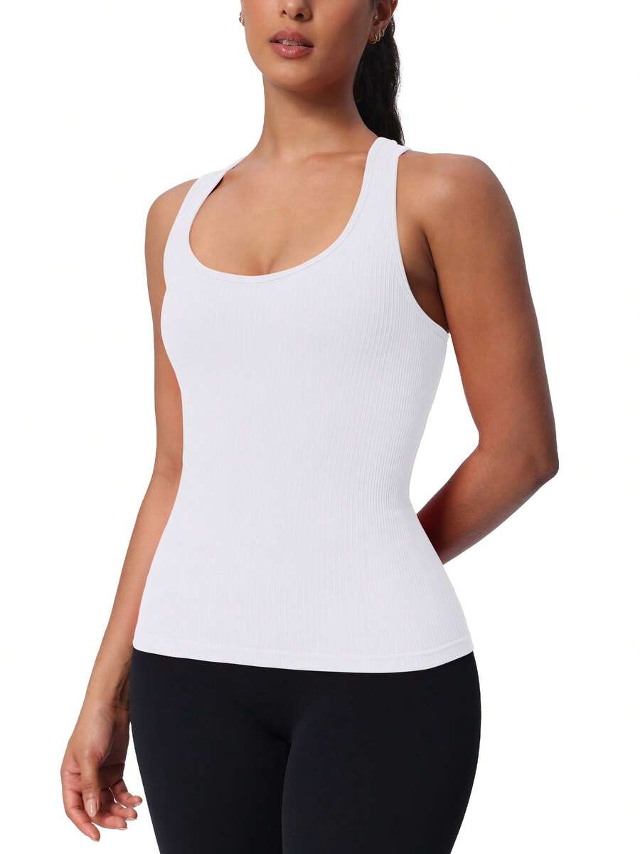 Seamless Workout Tank Top For Women With Built In Bra, Padded Racerback Athletic Yoga Camisole - 白色 - 查看 1
