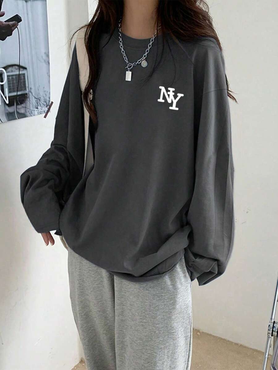 女士休闲棉质宽松字母印花圆领长袖 T 恤，时尚百搭，春秋季