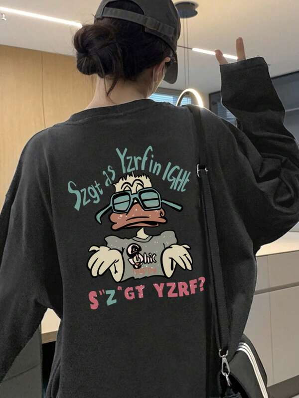 Women's Loose Fit Cotton Letter & Cartoon Duck Print Long Sleeve T-Shirt, Versatile For Spring & Autumn