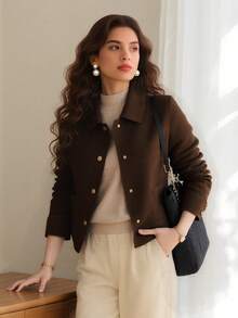 Chamarra para dama de estilo elegante, gabardina de mujer con botones metálicos, chamarras para dama cafés negras beige ajustadas, versátil para oficina y ocasiones casuales - Café integral - Ver 4