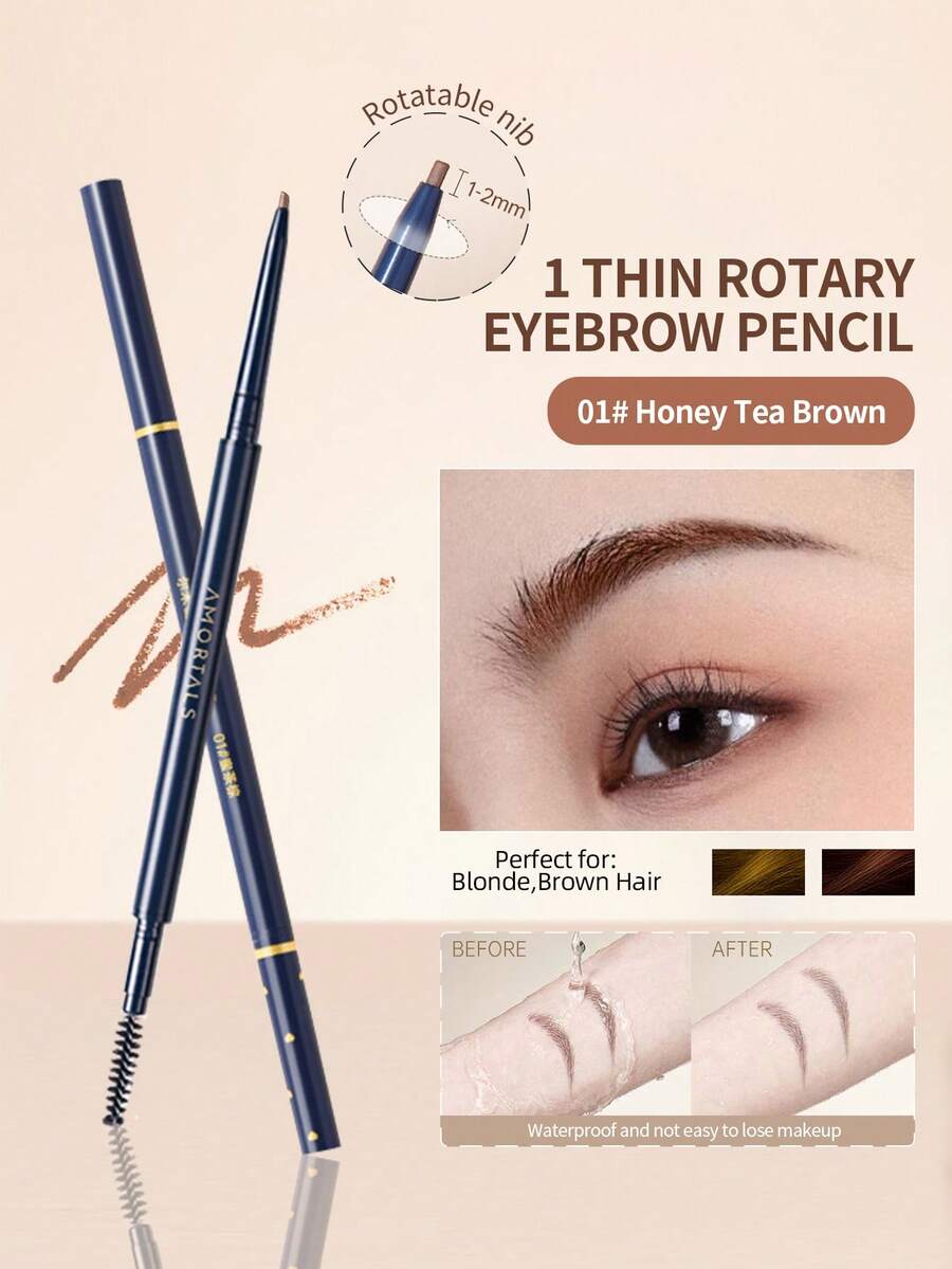 Amortals 雙頭雙效眉筆附刷子－防水、抗汗、持久、防暈染，1.5mm 極細順滑顯色旋轉筆尖與螺旋刷，適合初學者與化妝師