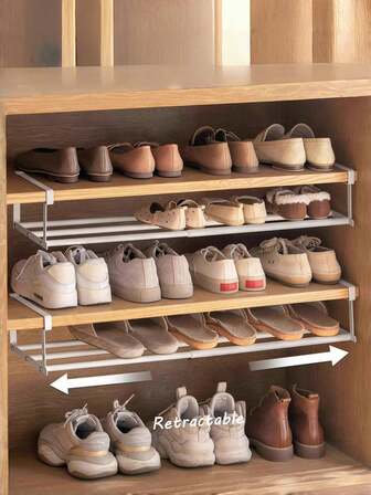 1pc Retractable Shoe Rack, Household Retractable Shoe Cabinet, Layered Partition Board Shoe Tray, Lower Hanging Basket Storage Rack, Cabinet With Layered Partitions Inside, Space-Saving Layered Partitions, Used For Storing Shoes In Home Cabinets, Lower Hanging Hanging Storage Rack