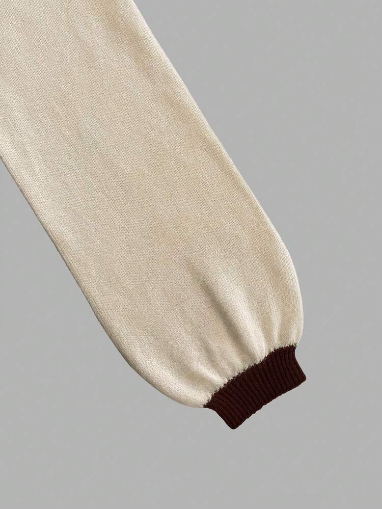 女士撞色纽扣连帽针织开衫，休闲长袖套头毛衣，女士日常针织衫，秋冬季 - 酒紅色 - 查看 5