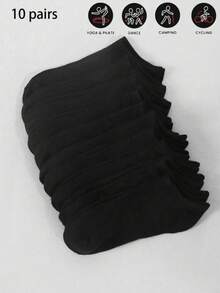 10 paires de chaussettes basses de base de couleur unie pour femmes avec élastique, chaussettes de sport respirantes - Noir - Voir 1