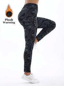 1 Pack Women's Thermal Lined Floral Print Leggings, Black Base, Stretchy Skinny Pants, Elegant & Casual, Suitable For Home, Workout, Yoga, Fitness, Outdoor Activities, Soft & Comfortable, Autumn/Winter