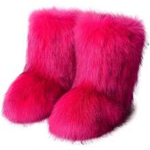 Women's Faux Fur Boots Fluffy Mid-Calf Fuzzy Winter Snow Boots Outdoor Flat Shoes-20256688 - Màu Hồng Tươi - Xem 1