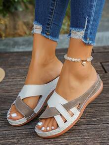 加大码 36-43 夏季时尚休闲拼色坡跟凉鞋，卡其色和白色绒面革罗马风格，轻便舒适，百搭厚底凉鞋，适合女士 - 變色仿超卡其色拼白色磨砂 - 查看 6