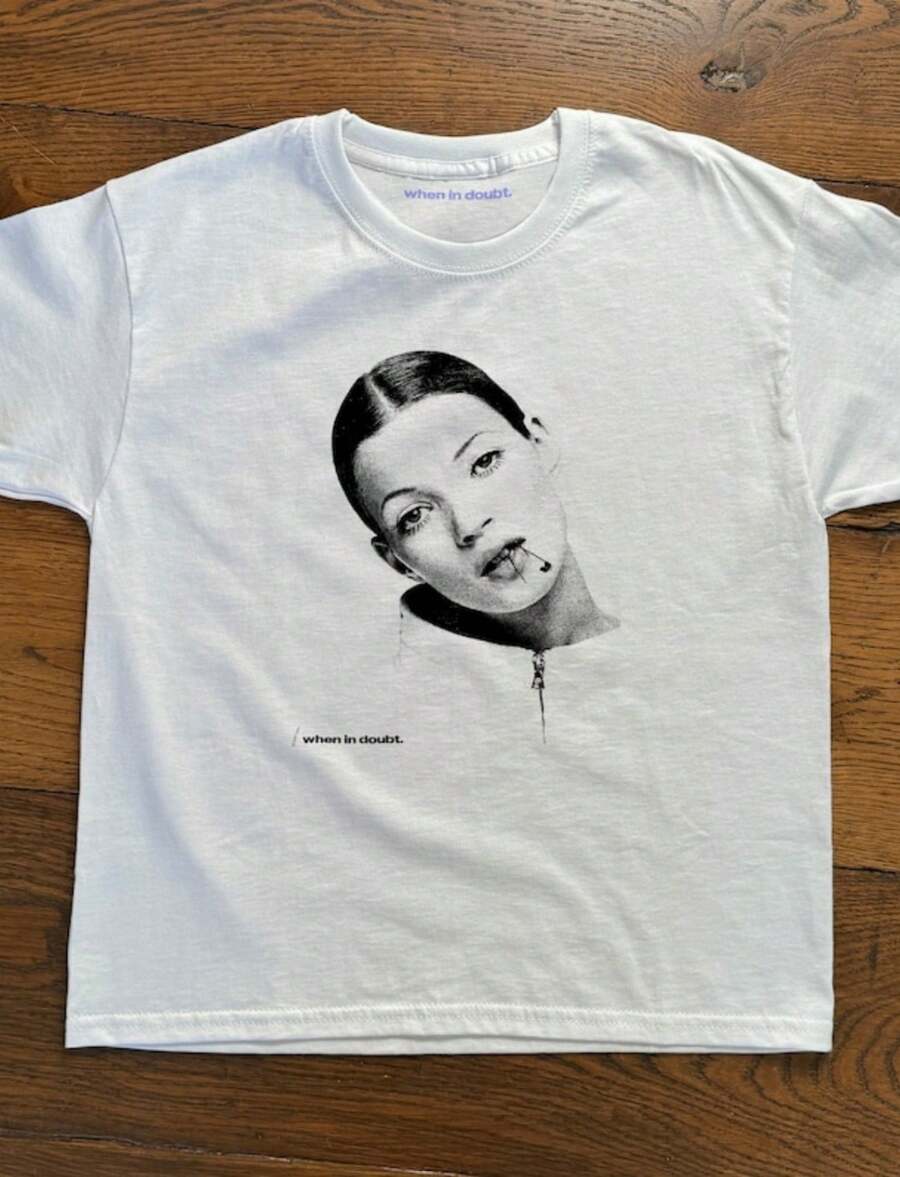 90's Kate Moss Graphic Baby Tee, Heavy Cotton, Iconic Slogan T-Shirt, 90s Aesthetic Super Model Vintage Tee Trending Print Top - 白色 - 查看 1