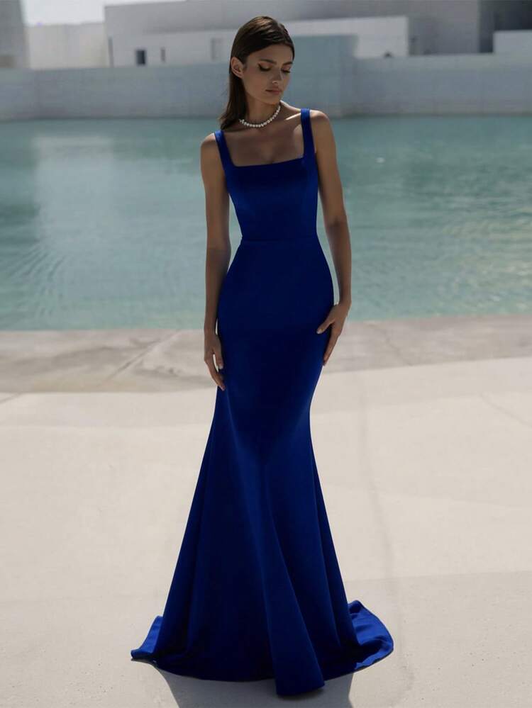 Basrey Vestido de Dama de Honra Ajustado de Cintura Alta com Alças Finas e Costas Abertas na Cor Azul Royal, Vestido Longo Sereia, Adequado para Casamentos, Despedidas de Solteira, Férias, Galas, Noivas, Vestidos Brancos da Primavera - Azul Royal - Visão 4