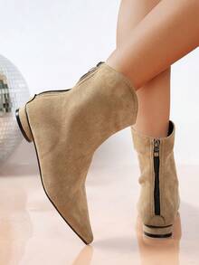 秋冬女士踝靴，绿色，时尚，舒适粗跟，尖头，后拉链，保暖，休闲，适合派对，性感，弹性鞋带，西部风格，牛仔靴 - 卡其色 - 查看 3