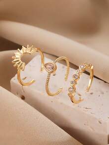 Bộ 3 nhẫn trang trí hình trái tim, giọt nước và mặt trời đính đá, thời trang, thanh lịch, đa năng, phù hợp cho phụ nữ, hẹn hò, ngày lễ, tiệc tùng, sinh nhật - Vàng - Xem 6