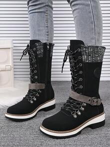 Women's Autumn/Winter New Bohemian Style Mid-Calf Boots, Slimming Round Toe Black Flat Boots, Retro Western Embroidered Riding Boots