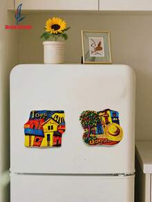 1pc Limited Edition Dual Country Themed 3D Fridge Magnet - Embossed Bogota Sombrero Hat + Togo Geometric Architecture, Creative Collectible Fridge Magnet, Personalized Travel Souvenir Fridge Magnet Sticker, Home Decor, Kitchen, Room, Office, Cabinet Craft Gift, Holiday Souvenir, Exquisite Small Gift