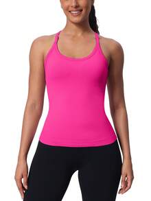 Workout Tank Tops For Women Built In Shelf Bras Padded -Racerback Athletic Tank Tops Ribbed Yoga Shirts - 野莓色 - 查看 2