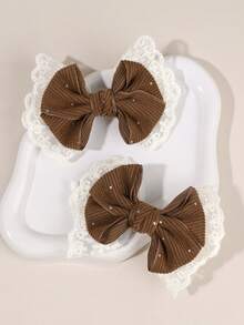 2 Presilhas de Cabelo Marrons, Presilhas de Cabelo com Laço em Renda de Veludo Cotelê e Strass, Presilhas de Cabelo Elegantes com Laço, Acessórios de Cabelo para Outono/Inverno, Ideais para Adolescentes - Castanho - Ver 6