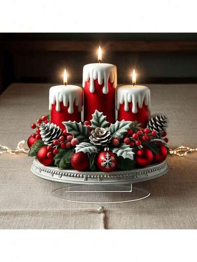 1pc 2D Printed Acrylic Christmas Centerpiece Decor With Pinecones, Red Berries And Candles - Santa Claus Theme Multipurpose Home Decoration, Suitable For Christmas, Winter And Holiday Gifts