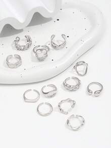 Set de 12 anillos con estilo punk, set de anillos geométricos vintage para mujeres, regalo de joyería de moda personalizada, adecuado para atuendos diarios y accesorios de fiesta - Plateado - Ver 2