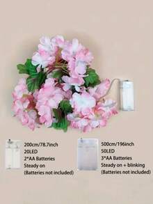 6.56ft/16.4ft[Sakura Fairy String Lights] - LED Rose Gold Flower String Lights, 200cm Floral Garland With Switch Control, Battery Powered, Plastic Material, Christmas Floral Decor Theme, Batteries Not Included, Switch Control, Suitable For Indoor Floral Decoration In Weddings And Special Occasions!