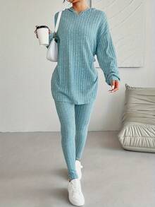 Hooded Rib-Knit Lounge Set: Relaxed Fit Tunic Top & Fitted Leggings For Cozy Home Wear, Casual Comfort And Relaxed Loungewear For Women. - 混合色 - 查看 1