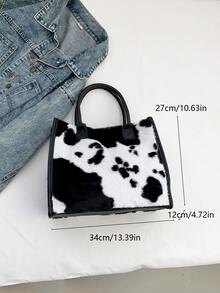 Yogodlns Einfaches Design Kuh Muster Frauen Weiche Plüsch Umhängetaschen Winter Fellbesatz Damen Geldbörsen Handtaschen Mode Weibliche Shopper Taschen - Schwarz und Weiss - Übersicht 8