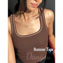 Camiseta de mujer de costilla con acolchado, top de entrenamiento de cuello cuadrado, top corto ajustado, camiseta básica de tirantes - Cacao - Ver 6