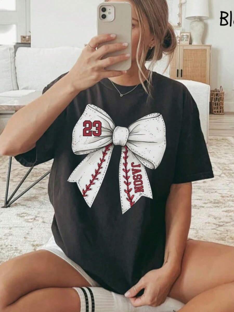 Custom Baseball Bow Shirt, Baseball Mom Shirt With Kids Name & Jersey Number, Baseball Wife Shirt, Cute Baseball Mama Shirt, Baseball Season - 黑色 - 查看 1