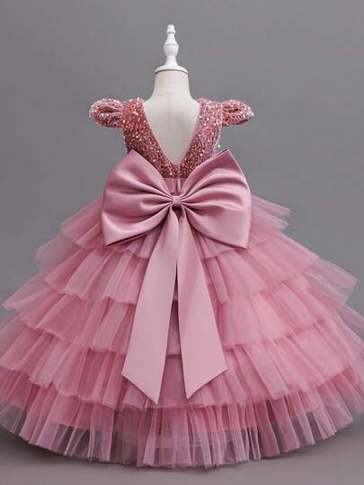 Elegant Flower Girl Princess Dress For Young Girls, Luxurious Bow V-Neck Sequin Fluffy Long Dress, Suitable For Wedding, Prom, Formal Occasions