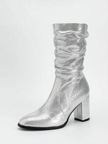 粗跟休闲靴圆头绒面革细高筒靴女式，新款秋冬中筒马靴带毛皮 - 銀色 - 查看 2