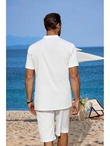 Men's 2 Pieces Linen Set Casual Henley Short Sleeve Shirts Beach Yoga Shorts Summer Outfits - Màu xanh lam - Xem 10