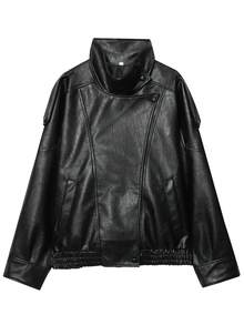 Women's Black PU Leather Jacket, Long Sleeve Zip-Up Bomber Jacket, Autumn/Winter Outerwear, Street Style