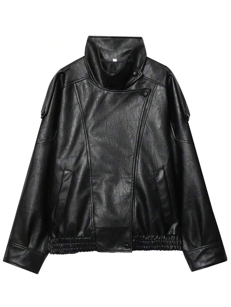 Chaqueta de mujer de piel sintética negra, chaqueta bomber con cremallera de manga larga, ropa de abrigo de otoño/invierno, estilo callejero - Negro - Añade 8