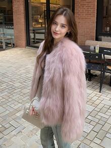 新款冬季女士优雅别致粉色仿皮草外套 时尚复古蓬松长袖休闲毛绒皮草外套 女式毛绒蓬松夹克外套 派对圣诞节新年服装 - 粉色 - 查看 3