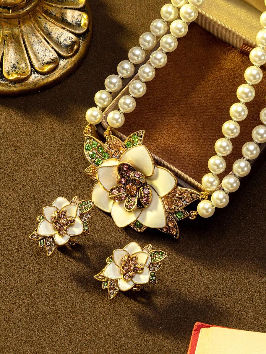 1 Bộ vòng cổ và hoa tai đính hạt ngọc trai giả thiết kế 3D nhiều lớp họa tiết hoa cổ điển, trang sức thời trang sang trọng độc đáo, thích hợp làm quà tặng, tiệc tùng, dạ tiệc và những dịp đặc biệt - Nhiều màu - Xem 1